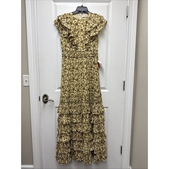 Mac Duggal Size 4 Beige Floral Tiered Ruffled Boho Maxi Dress Gown Cottagecore - Picture 5 of 15